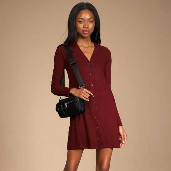 NEW Burgundy Button-Front Sweater Dress - Picture 1 of 5